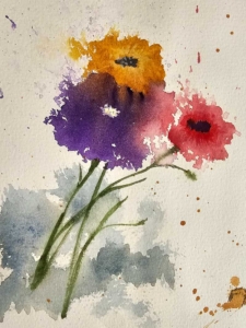 Watercolor painting of three flowers, one purple, one dark yellow, and one red.