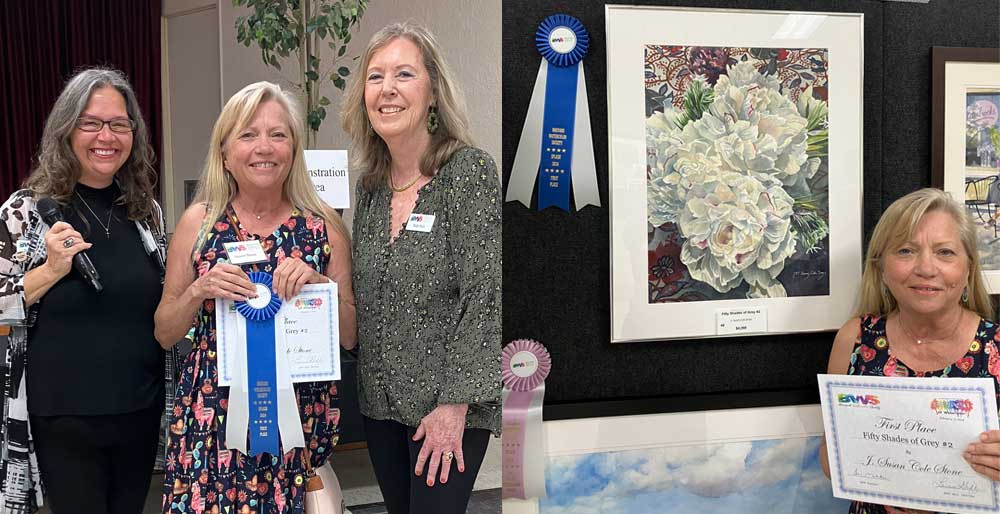 BWS president Terri Mahnken, J. Susan Cole Stone and Ruth Fein awarding Susan with the 2024 Splash win for her painting Fifty Shades of Grey #2.
