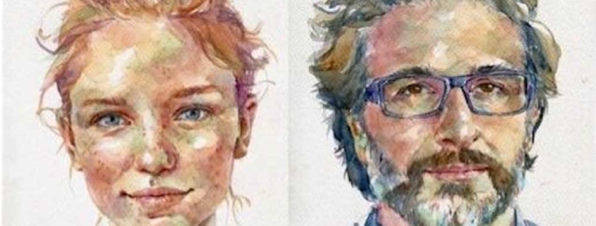 Two watercolor portraits, left is of a young woman with fair skin and red hair in an updo, right is of a man with going-grey hair with beard and glasses.